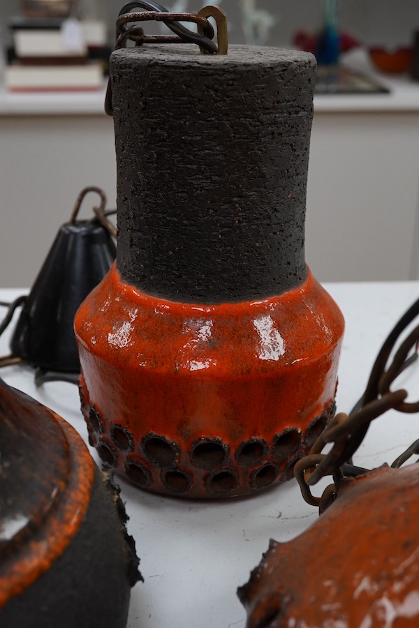 A set of three 1970s Danish pottery brown and orange glazed pendant lights and two other larger similar pottery lights, 19cm high (5). Condition - good